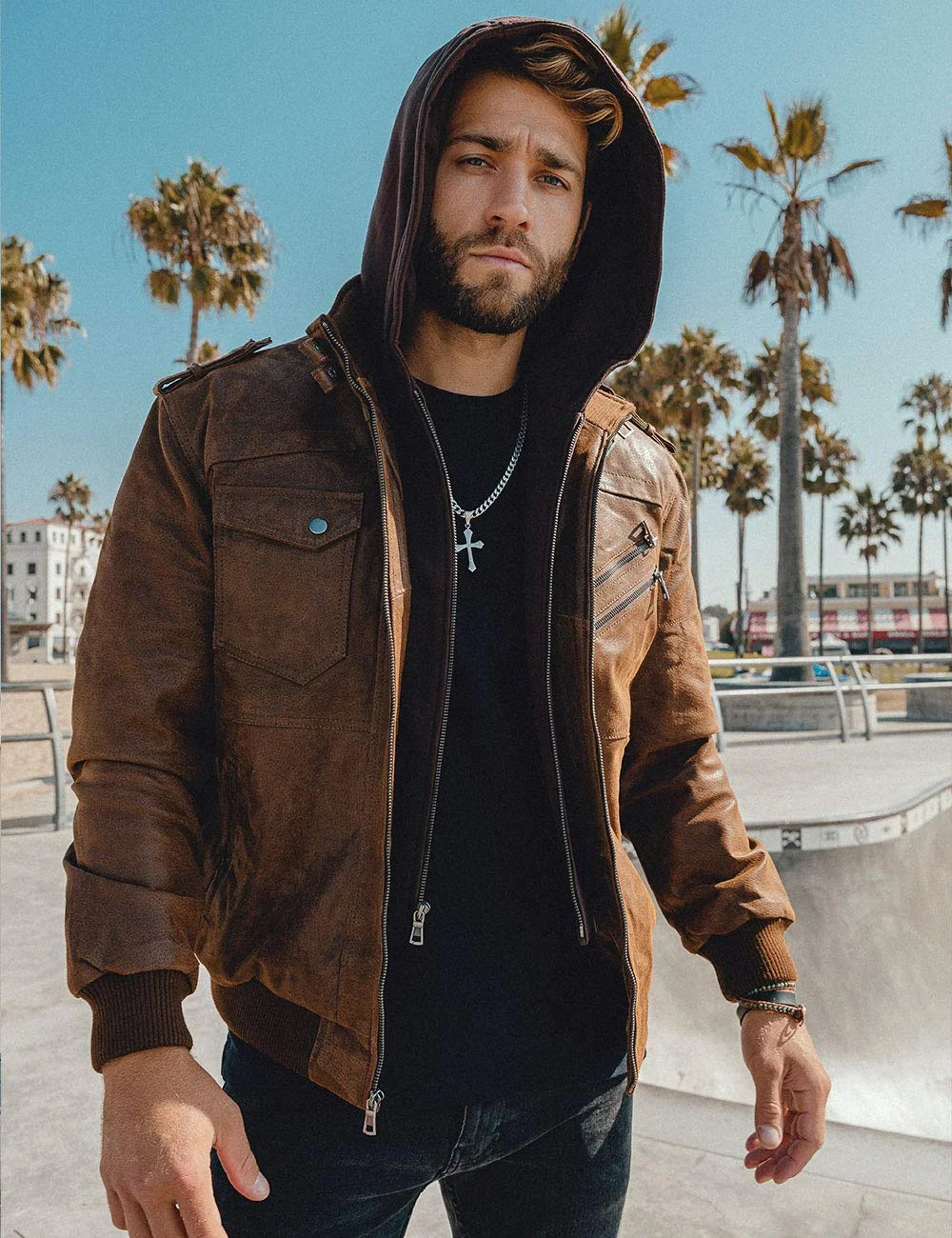 Brown Real Leather Jacket with Removable Hood X42432