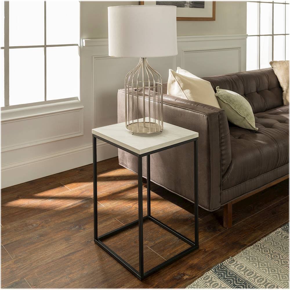 Faux White Marble Black Open Sided End Table L91267