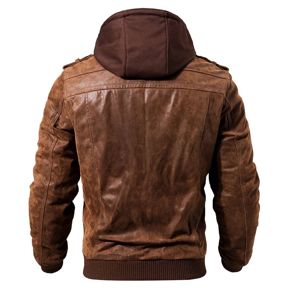 Brown Real Leather Jacket with Removable Hood X42432