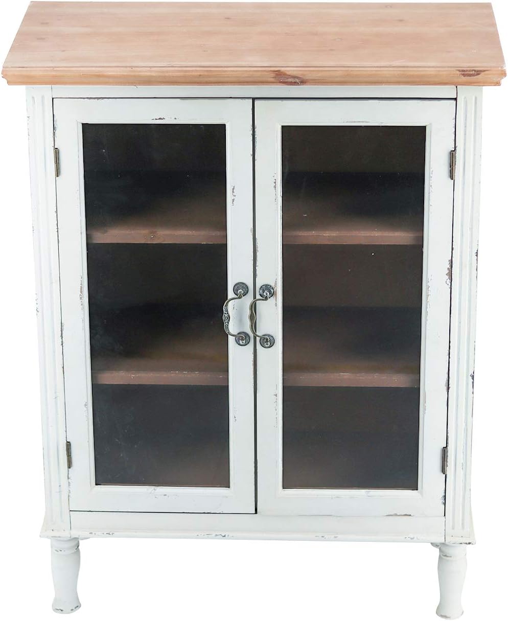 Rustic Farmhouse Buffet Sideboard Storage Cabinet with 2 Glass Doors, 3 Shelves, Natural Wood Top, Distressed White Cabinet, 42 H Y2561