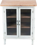 Rustic Farmhouse Buffet Sideboard Storage Cabinet with 2 Glass Doors, 3 Shelves, Natural Wood Top, Distressed White Cabinet, 42 H Y2561