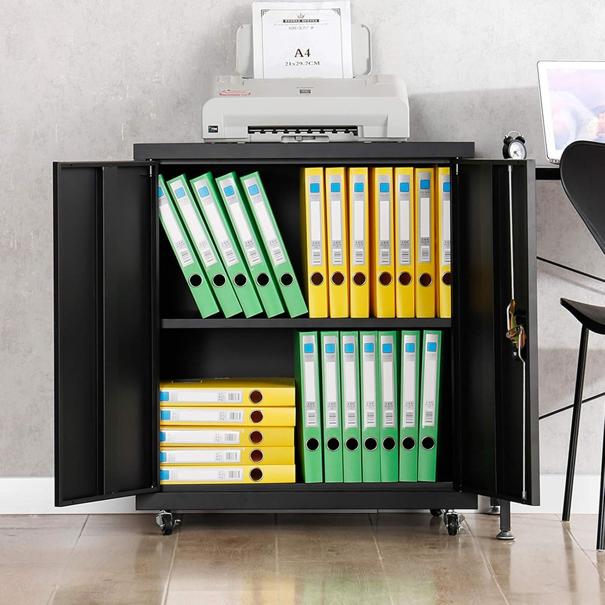 Black Metal Storage Cabinet with 4 Adjustable Shelves and 2 Locking Doors W597