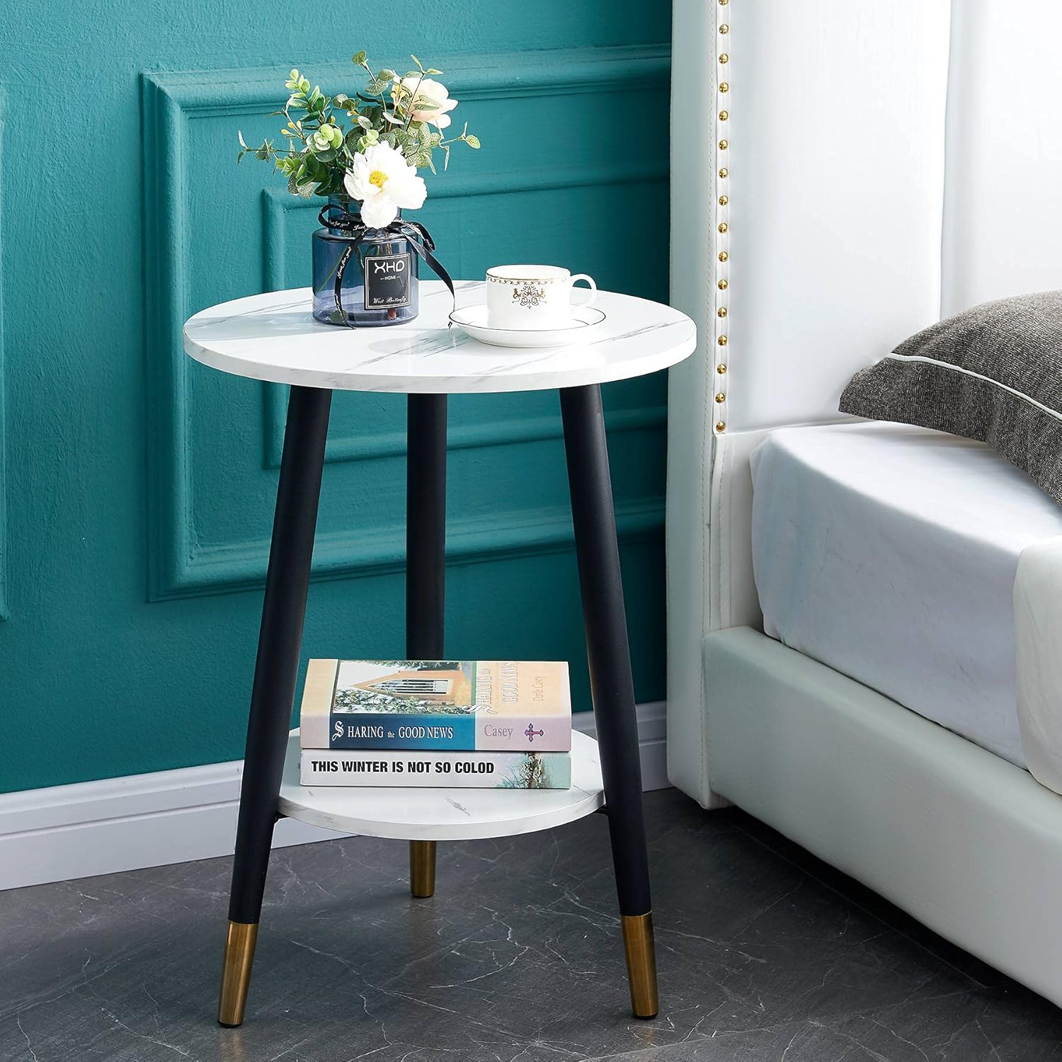 White Marble Small Round Side Table with Storage Shelf R9627