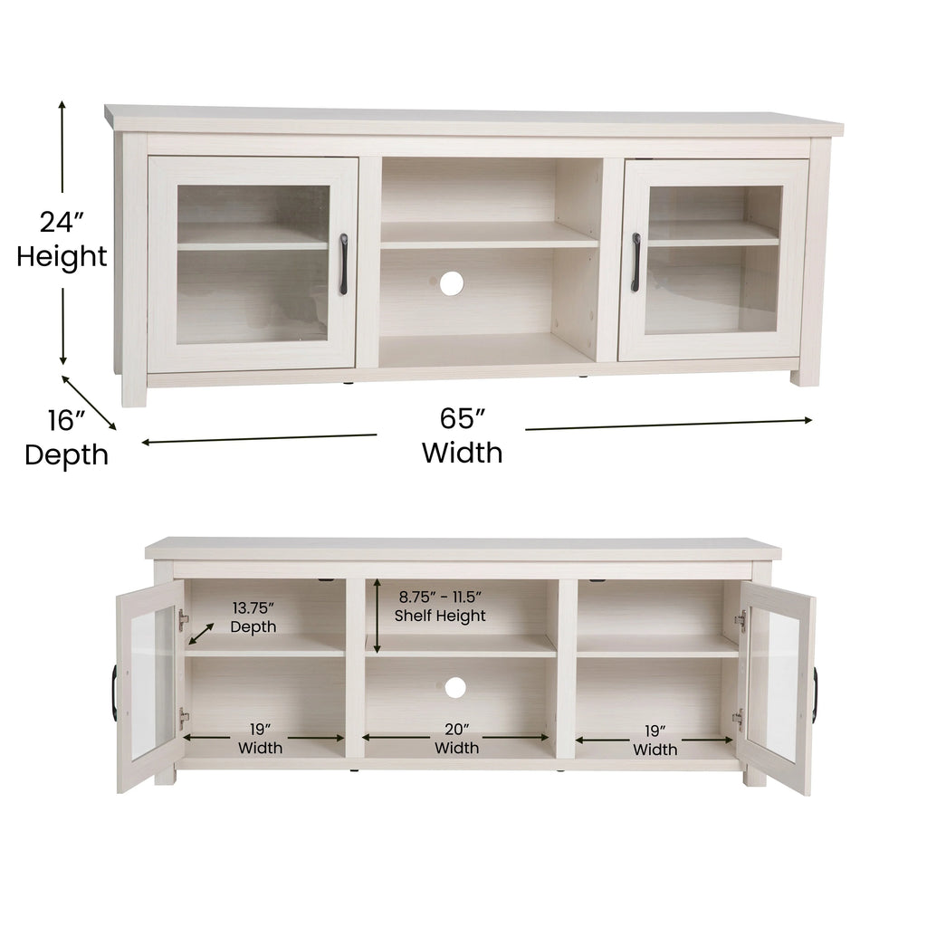 White Wash 65" TV Stand with Glass Doors and 3 Shelves V453235