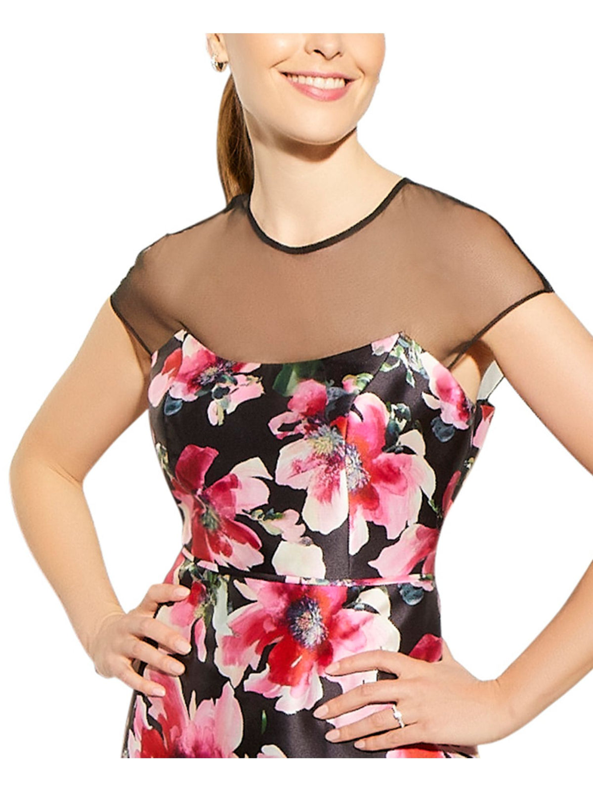 Pink Floral Cap Sleeve Crew Neck Full-Length A-Line Dress C94508