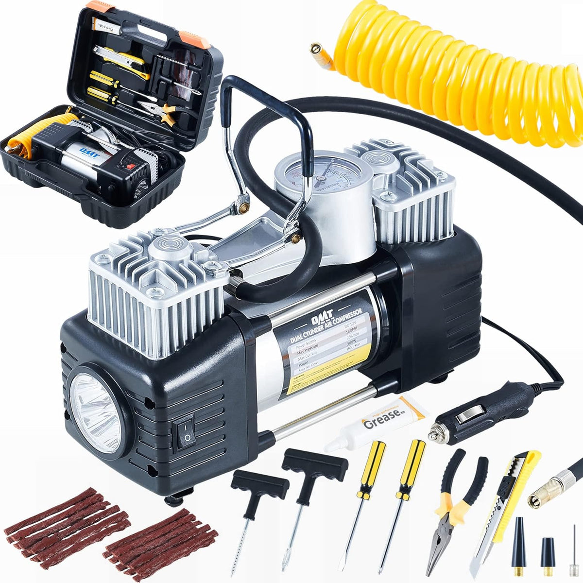 Double Cylinder Tire Inflator 30pc Tire Repair Kit 12V 150psi Air Compressor Pressure Gauge Heavy Duty Tools Pack of 2 N27159