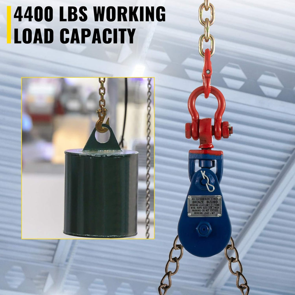 2ton Snatch Block with Chain, 4400 lbs Capacity, 3'' Single Sheave Block w/Swivel Hook, G70 Chain, Fit 3/8'' Wire Cable, Pack of 2 I309494