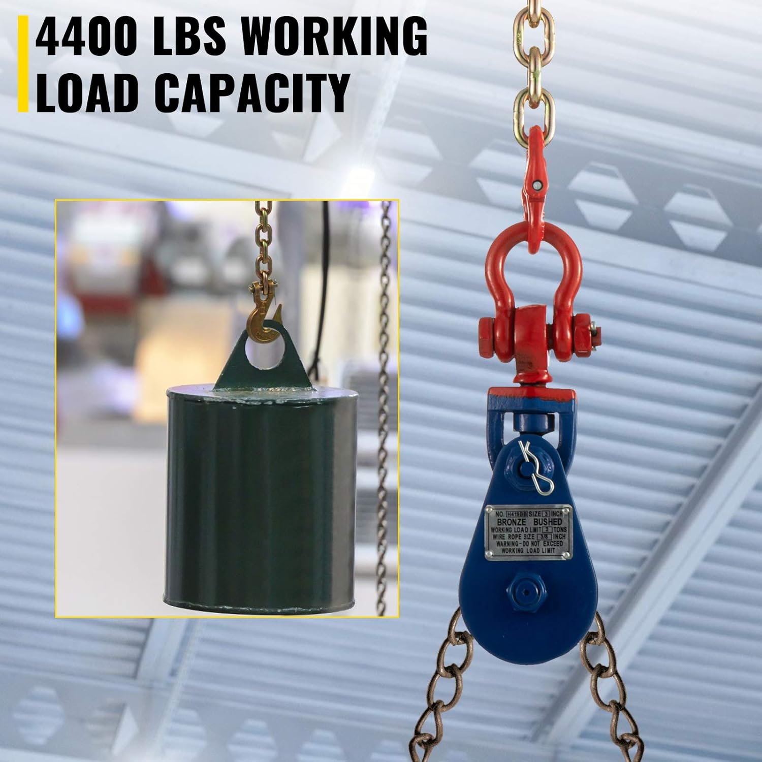 2ton Snatch Block with Chain, 4400 lbs Capacity, 3'' Single Sheave Block w/Swivel Hook, G70 Chain, Fit 3/8'' Wire Cable, Pack of 2 I309494