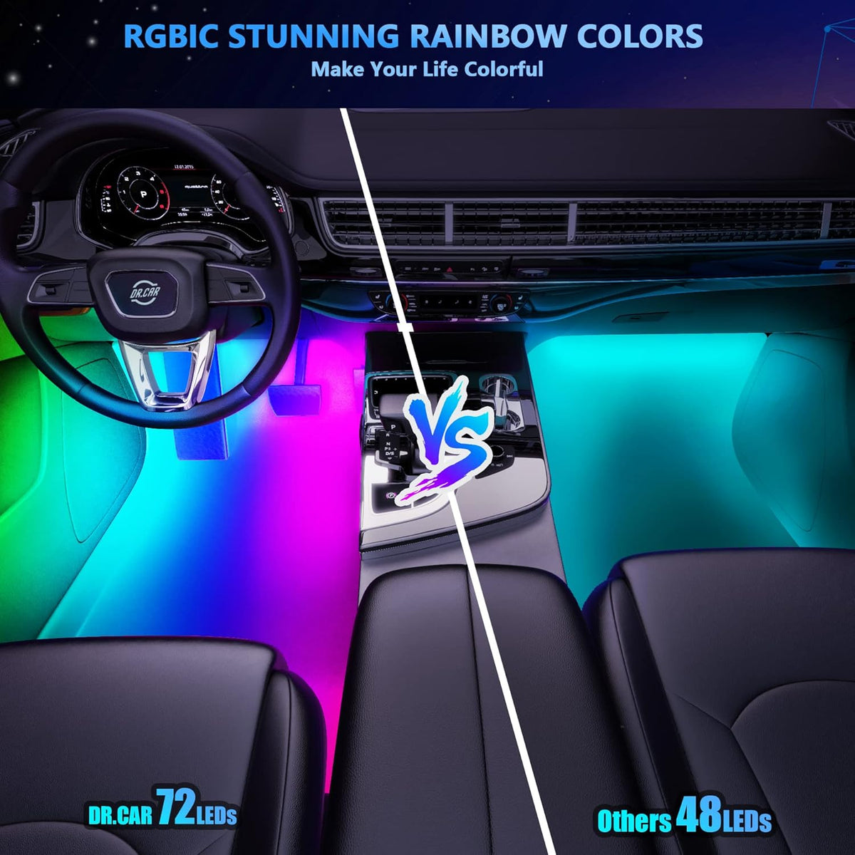 RGBIC Car LED Lights with APP & Remote Control, 72 LED Lights, DC 12V B89820