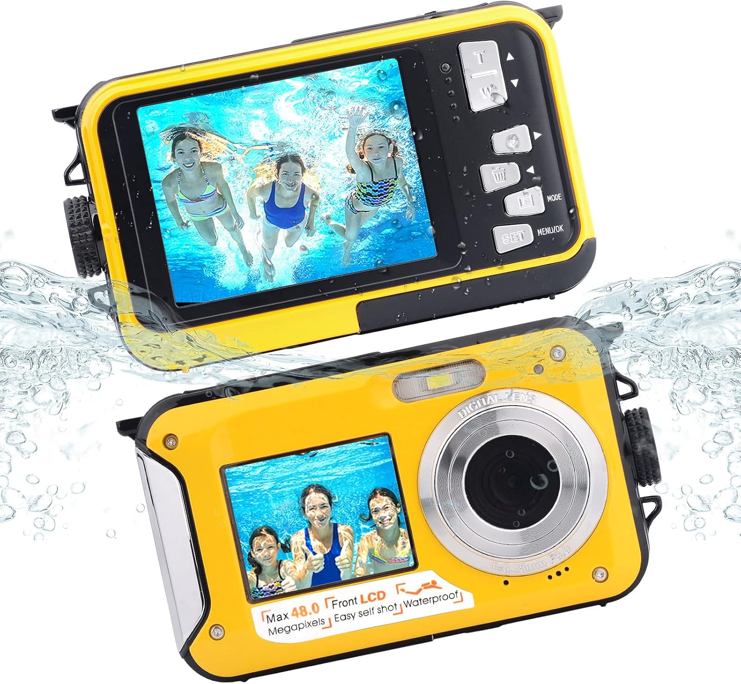 13FT Underwater Camera, 48MP Photo 2.7K Video Waterproof Camera, Dual Display EIS Digital Underwater Camera-Yellow P495