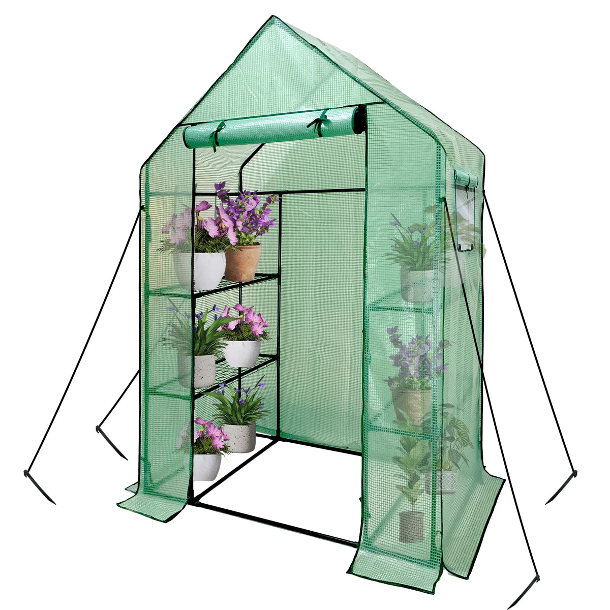 Walk-In Greenhouse Kit with Cover, 3 Tiers 6 Shelves, Portable Greenhouse with Observation Windows, PE Door, Ground Pegs & Ropes Y491
