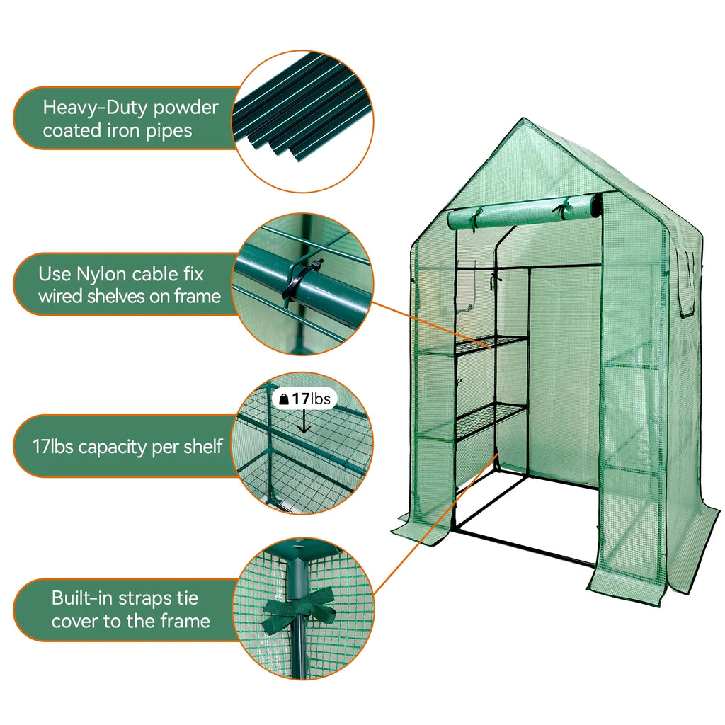 Walk-In Greenhouse Kit with Cover, 3 Tiers 6 Shelves, Portable Greenhouse with Observation Windows, PE Door, Ground Pegs & Ropes Y491