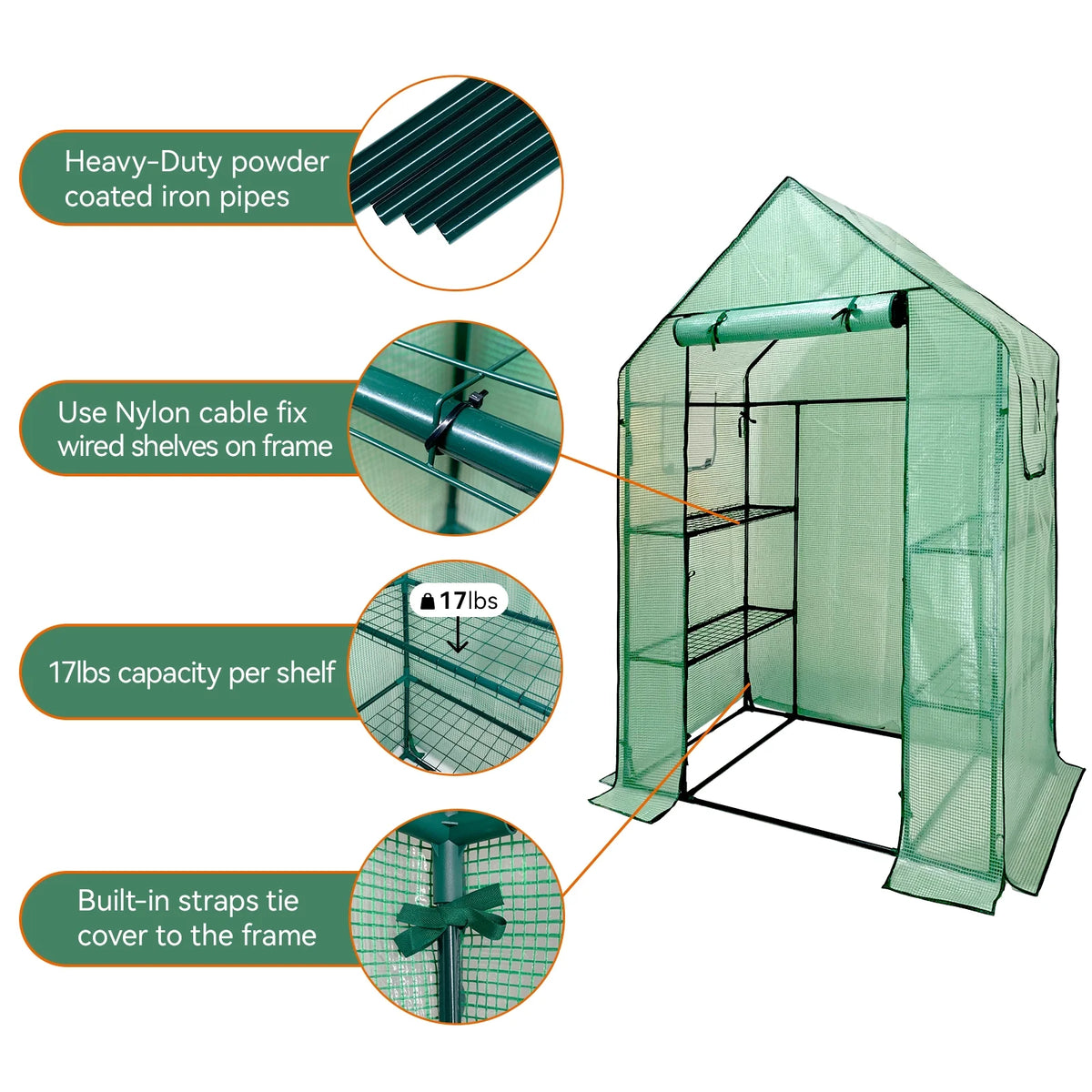 Walk-In Greenhouse Kit with Cover, 3 Tiers 6 Shelves, Portable Greenhouse with Observation Windows, PE Door, Ground Pegs & Ropes Y491