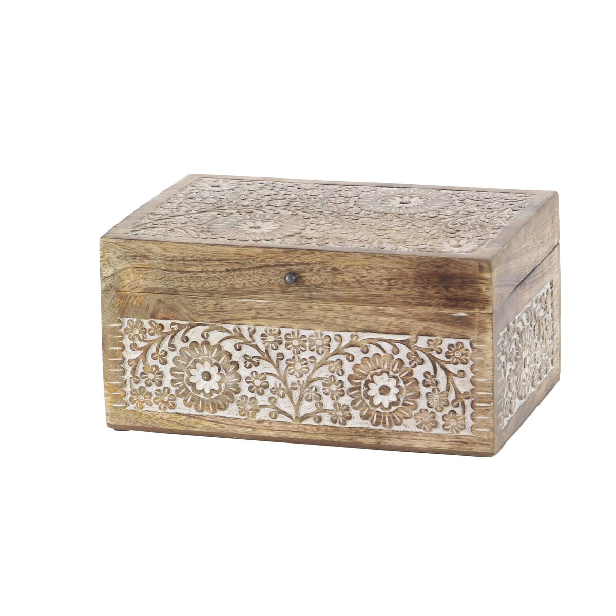 Set of 3 Mango Wood Carved Floral Boxes Brown Q68790