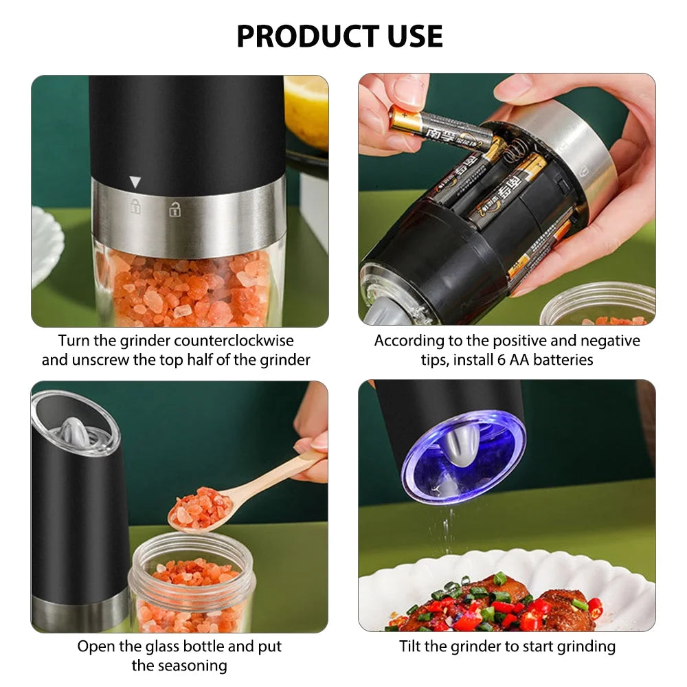 2Pcs Battery Powered Electric Pepper and Salt Grinders Set with LED Light E322