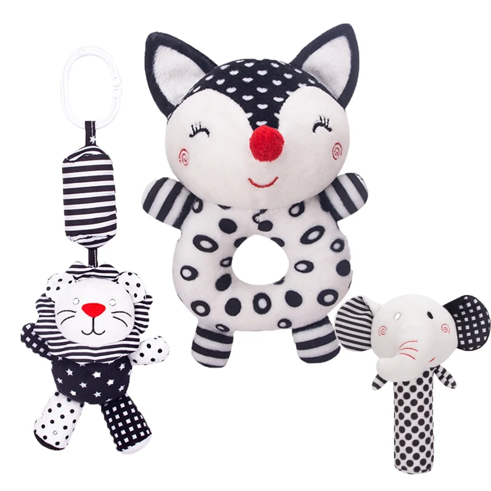 3PCS Black and White Baby Rattles Plush Stuffed Animal Rattle W917226