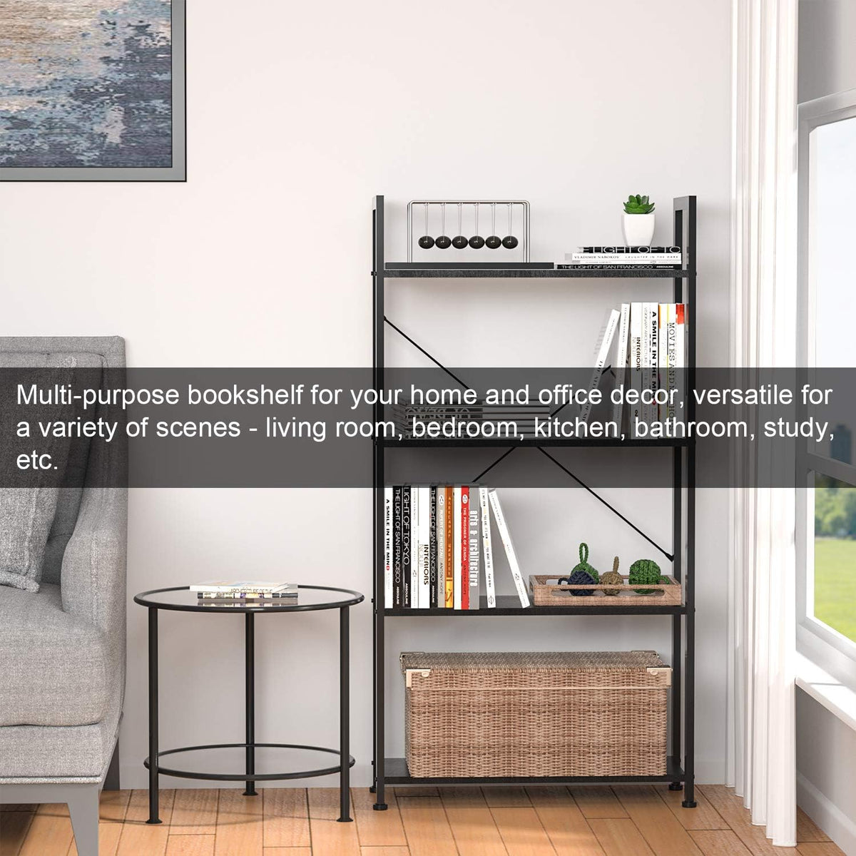 Black 4 Tier Wooden and Metal Bookshelf N926142