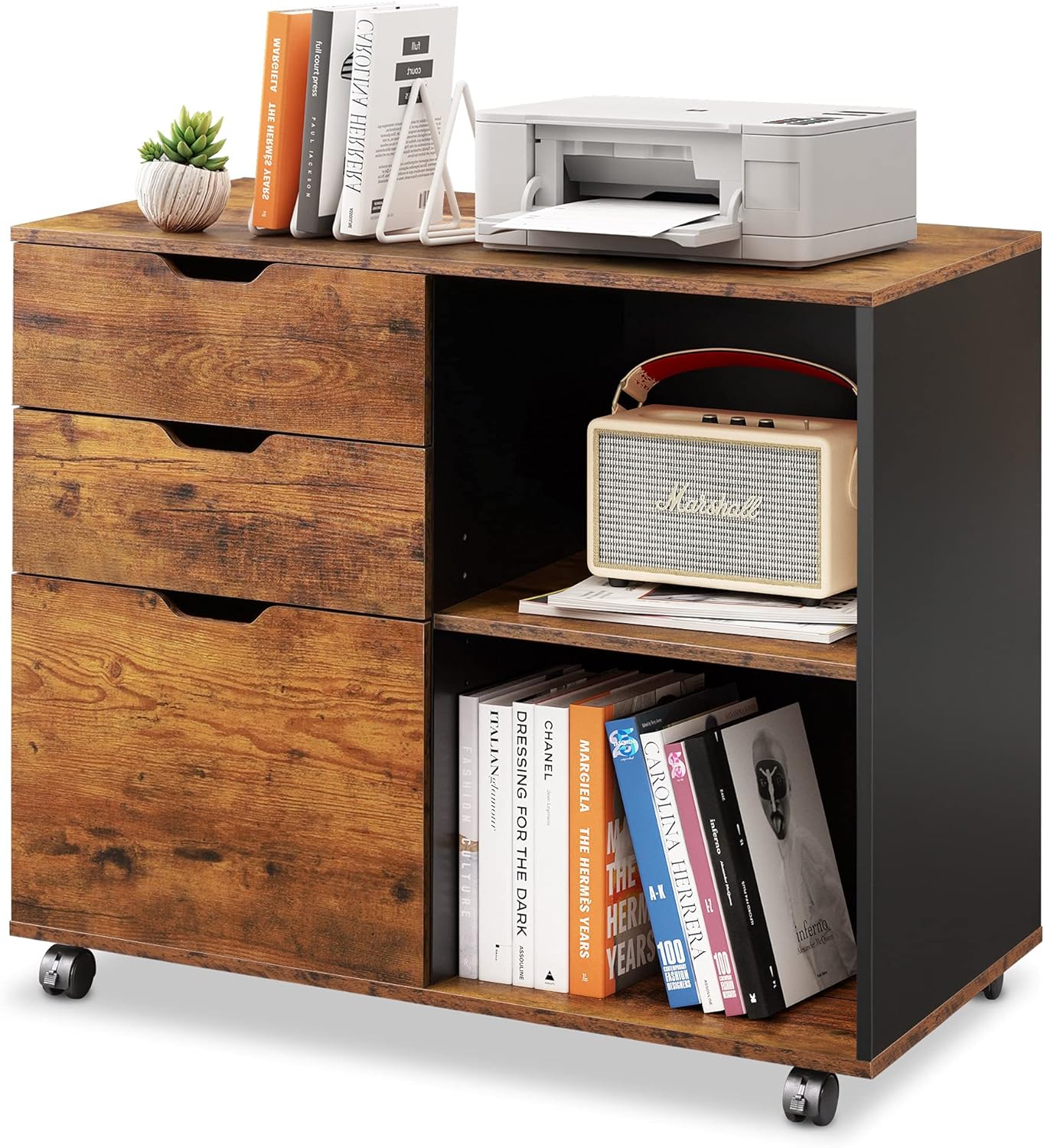 Black 3-Drawer Mobile Wood File Cabinet with Open Storage Shelves Z15396