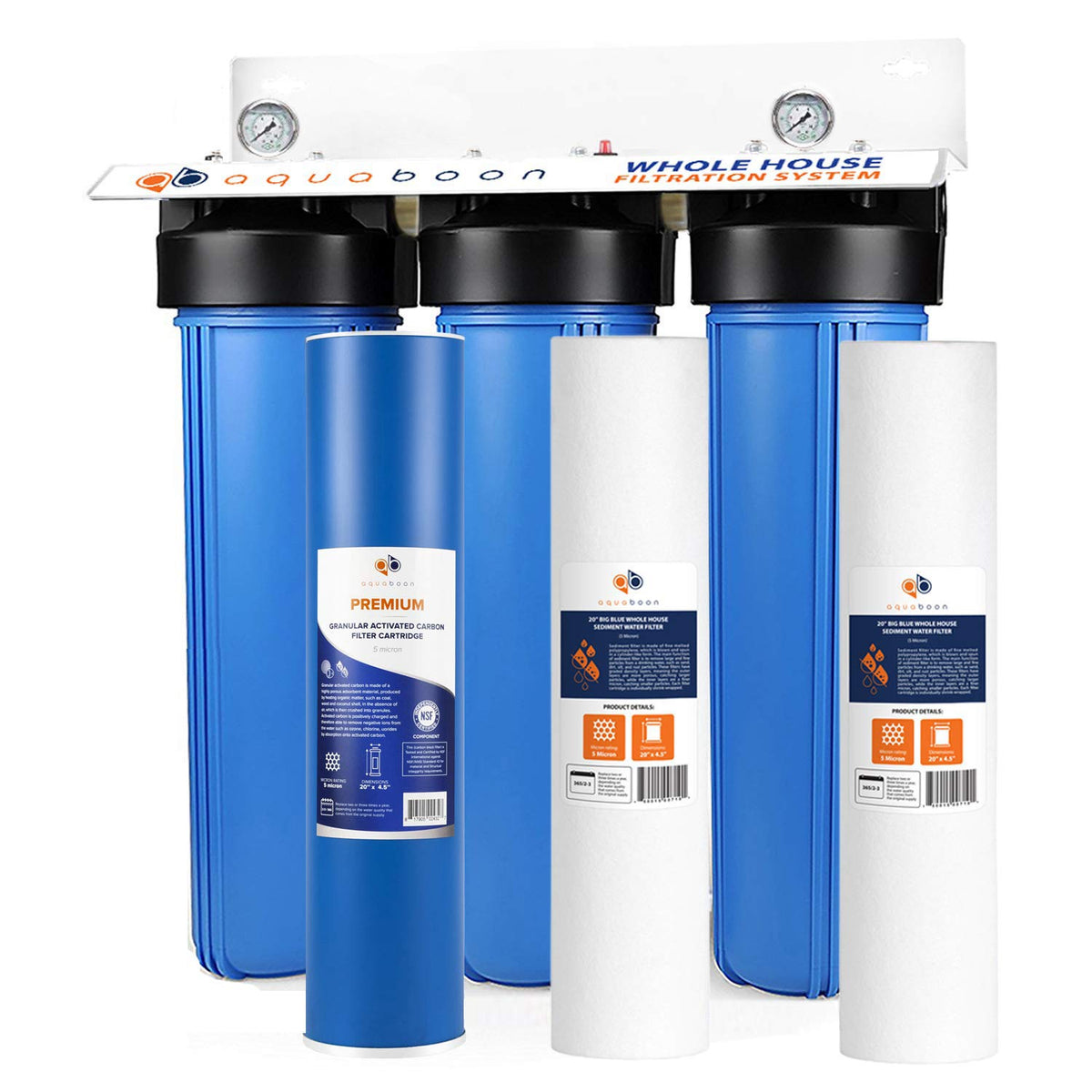 3-Stage 20 Whole House Filtration System with Housing Bracket Pressure Gauges GAC Filter 2 Sediment Filter Cartridges S821836