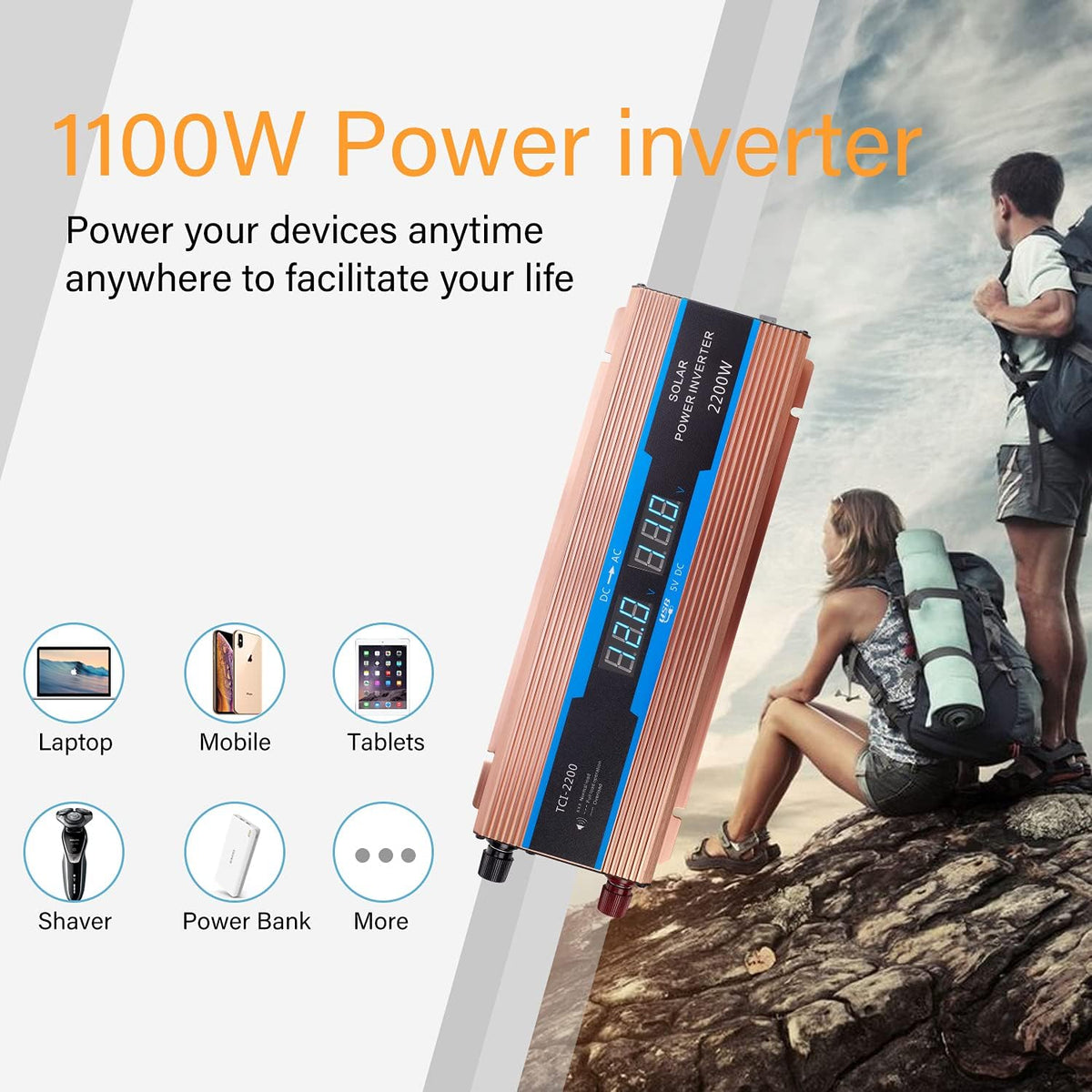 1100 Watts Power Inverter DC 12V to 110V AC Converter, Dual AC Outlets and USB Port, Pack of 2 U182303