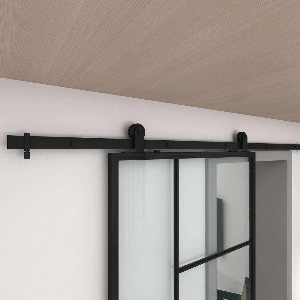 3/4 Lite Clear Glass Black Metal Finish Sliding Barn Door with Hardware Kit B11223