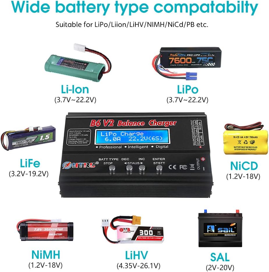 80W 6A 1S-6S Balance Charger for Li-ion Life NiCd NiMH LiHV PB Smart Battery, Deans Connectors, Pack of 2 E220