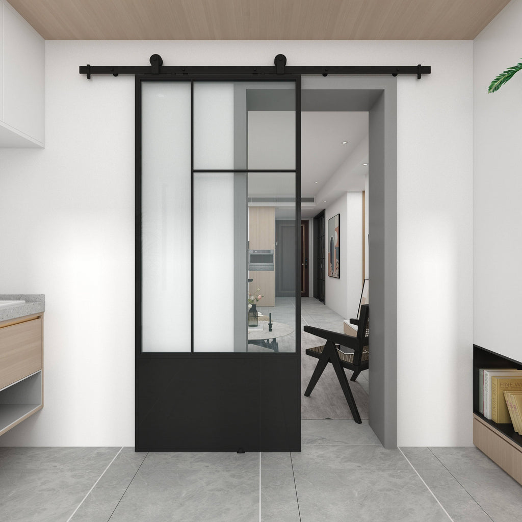 3/4 Lite Clear Glass Black Metal Finish Sliding Barn Door with Hardware Kit B11223