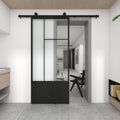 3/4 Lite Clear Glass Black Metal Finish Sliding Barn Door with Hardware Kit B11223