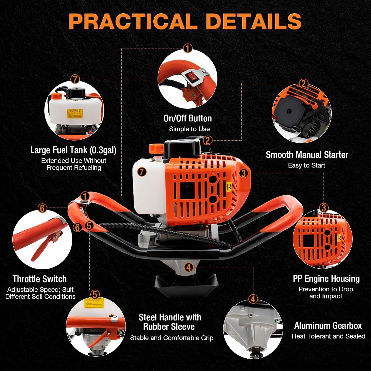 52cc 2 Stroke Gas Powered Post Hole Digger with Drill Bits and Extension Rods Z898334
