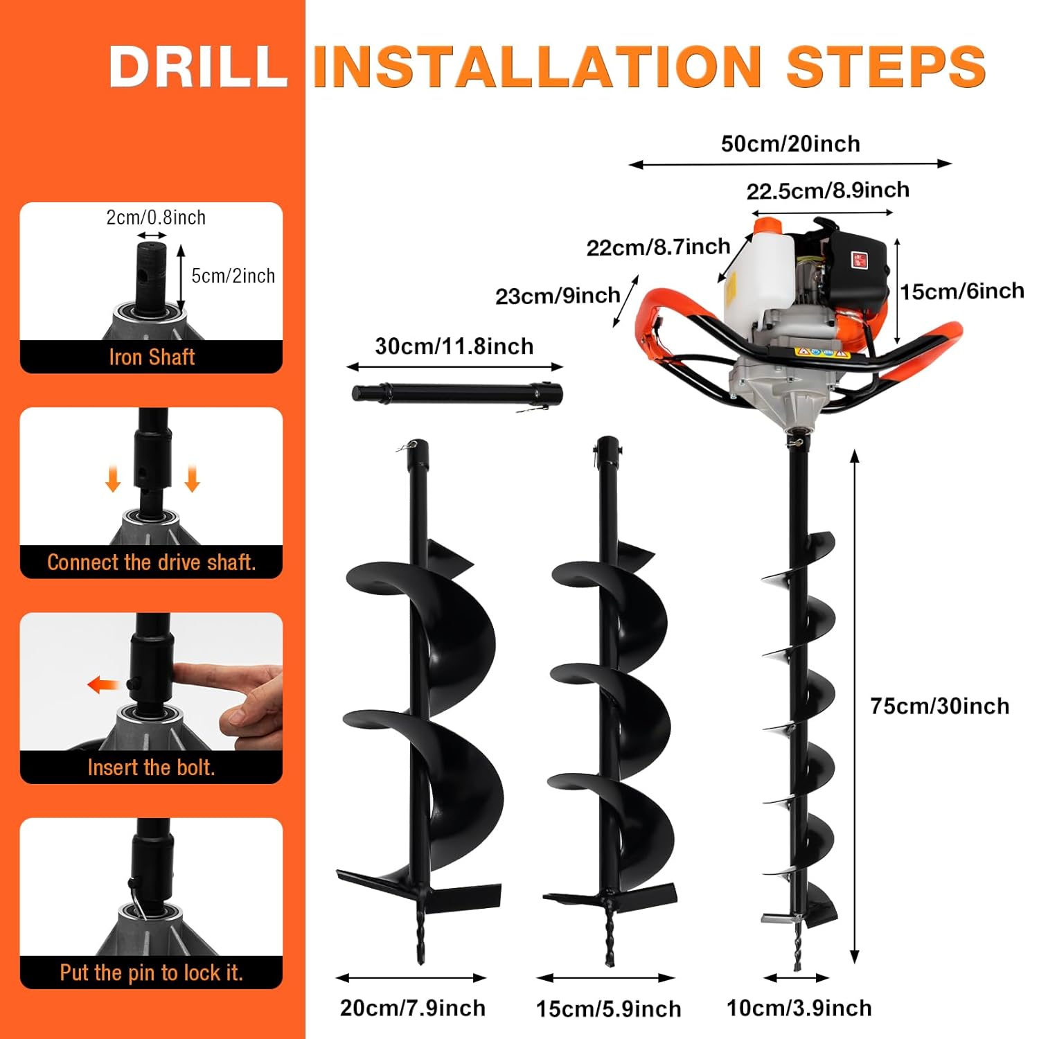 52cc 2 Stroke Gas Powered Post Hole Digger with Drill Bits and Extension Rods Z898334