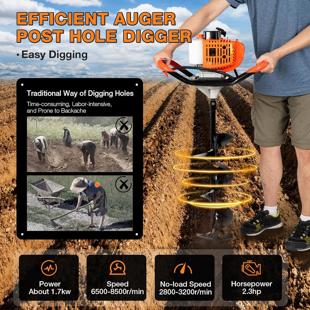 52cc 2 Stroke Gas Powered Post Hole Digger with Drill Bits and Extension Rods Z898334