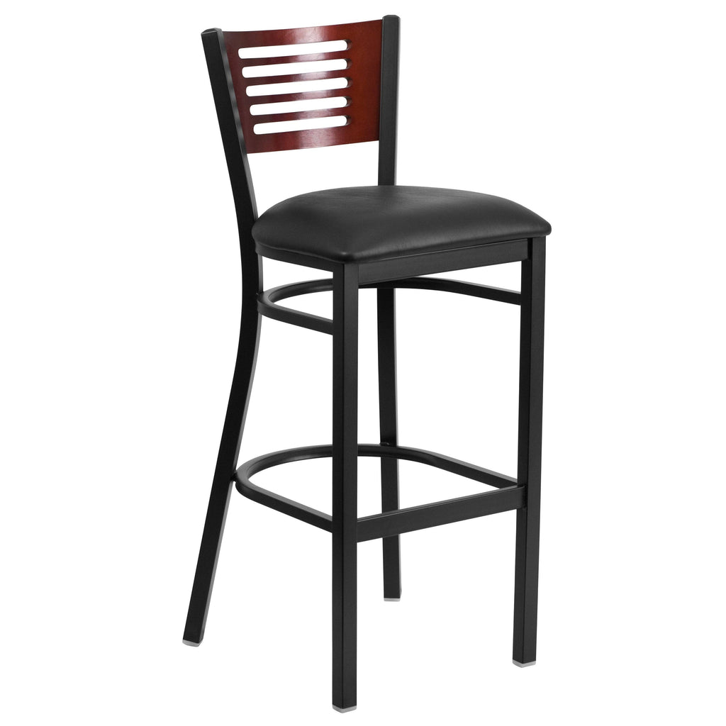 Mahogany Wood Back Black Vinyl Seat Metal Barstool I4258