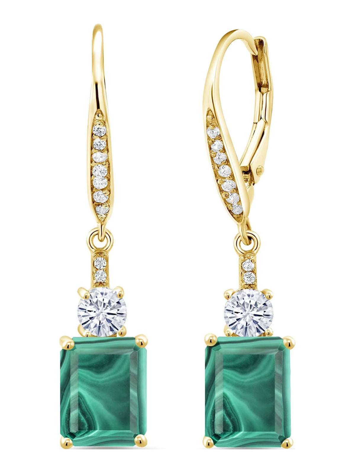 18K Yellow Gold Plated Silver Green Malachite White Moissanite and White Topaz Dangle Earrings C833