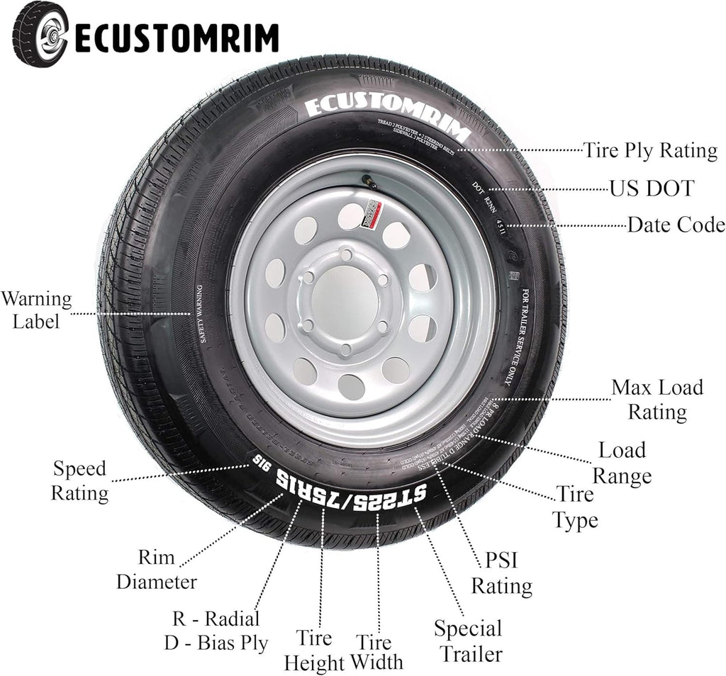 15" 6X5.5 Silver Modular Trailer Wheel with Radial ST225/75R15 10 PLY Tire Mounted B6052