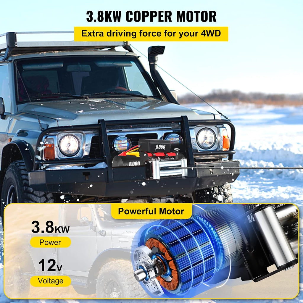 Electric Winch 8000lb Load Capacity 12V Steel Cable Wireless Remote Control S5006