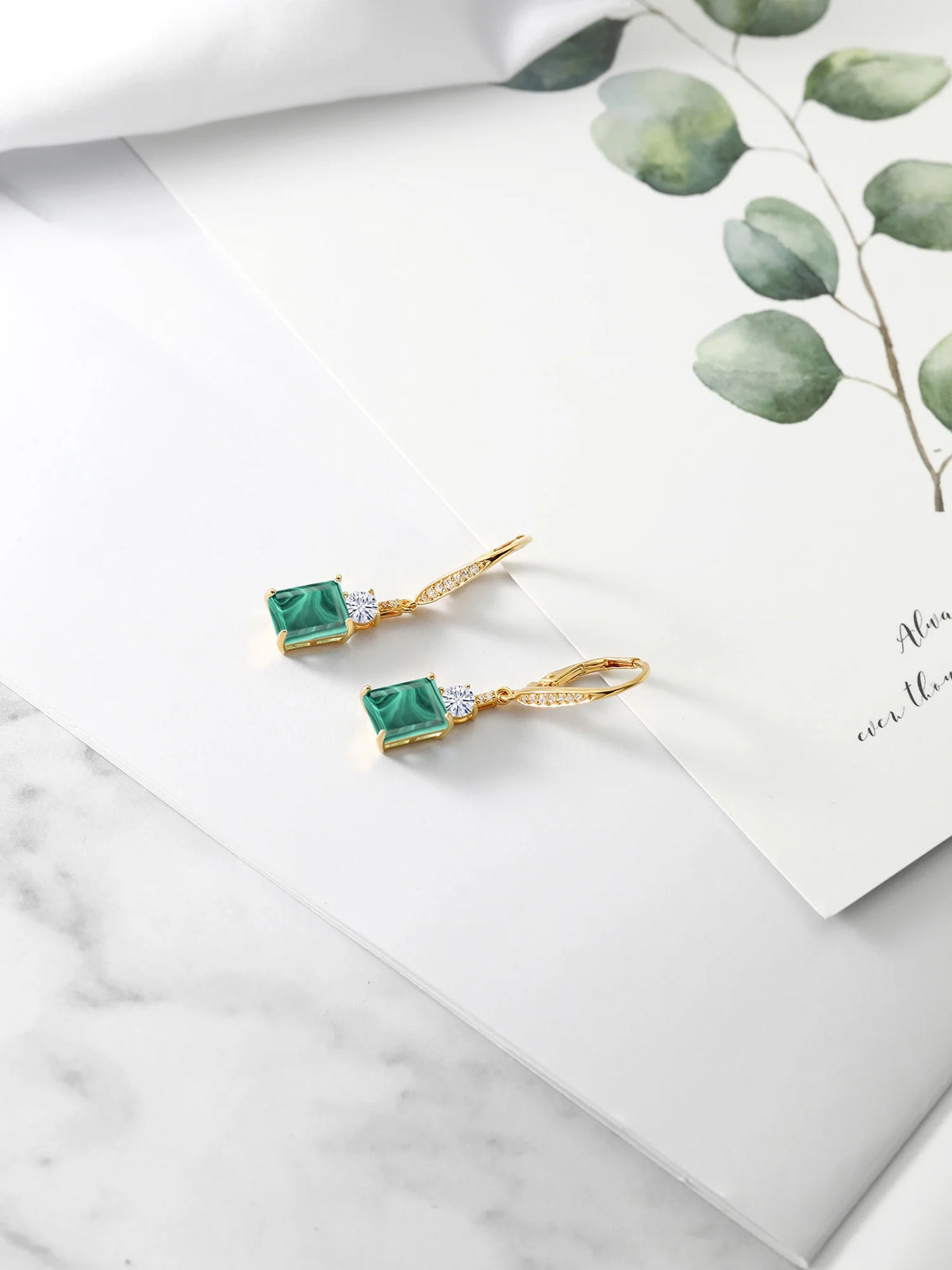 18K Yellow Gold Plated Silver Green Malachite White Moissanite and White Topaz Dangle Earrings C833