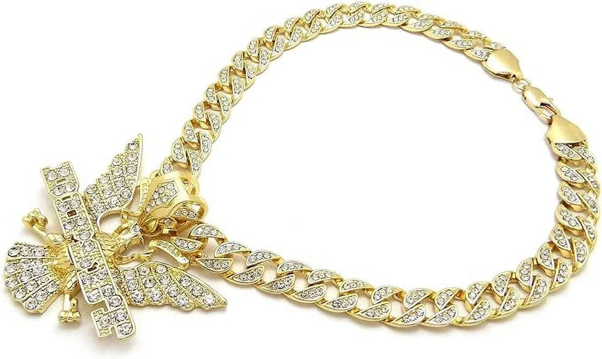 Gold Plated Cubic Zirconia Eagle Pendant & Cuban Chain Necklace Set W709910