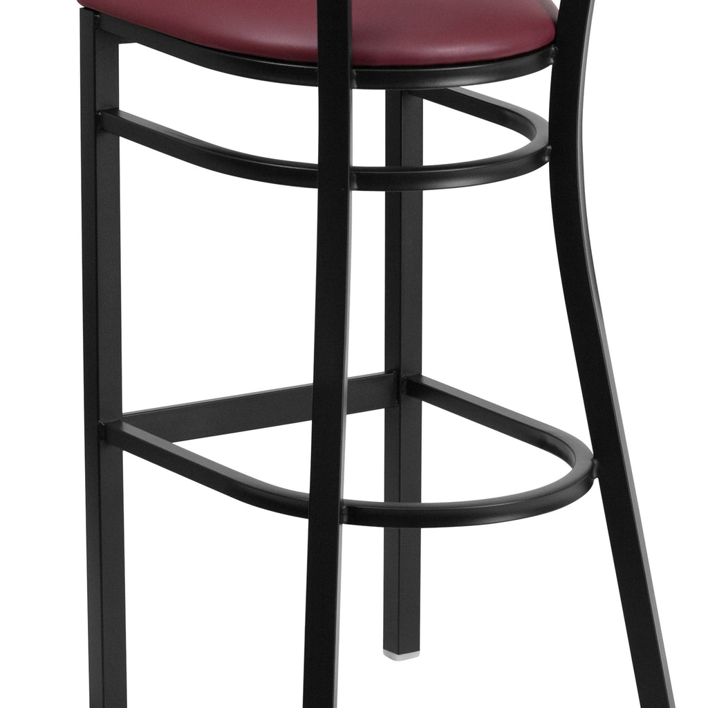 Mahogany Wood Back Black Vinyl Seat Metal Barstool I4258