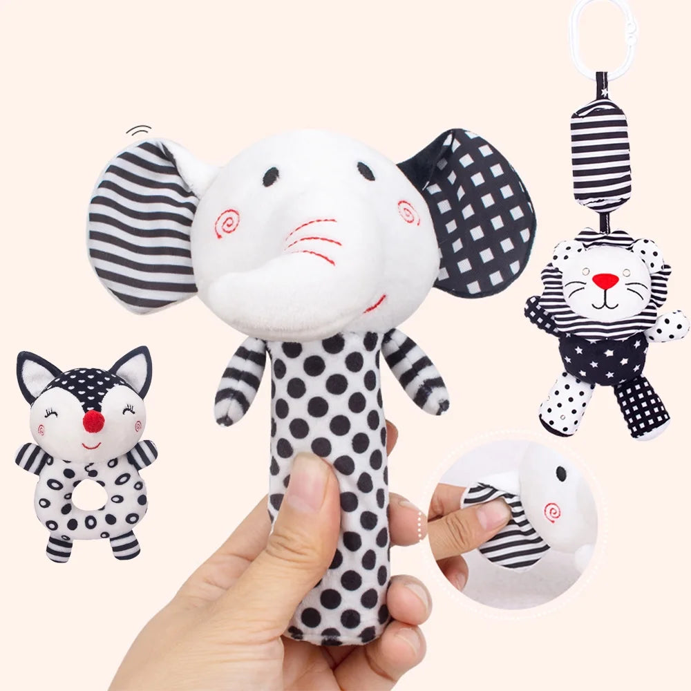 3PCS Black and White Baby Rattles Plush Stuffed Animal Rattle W917226