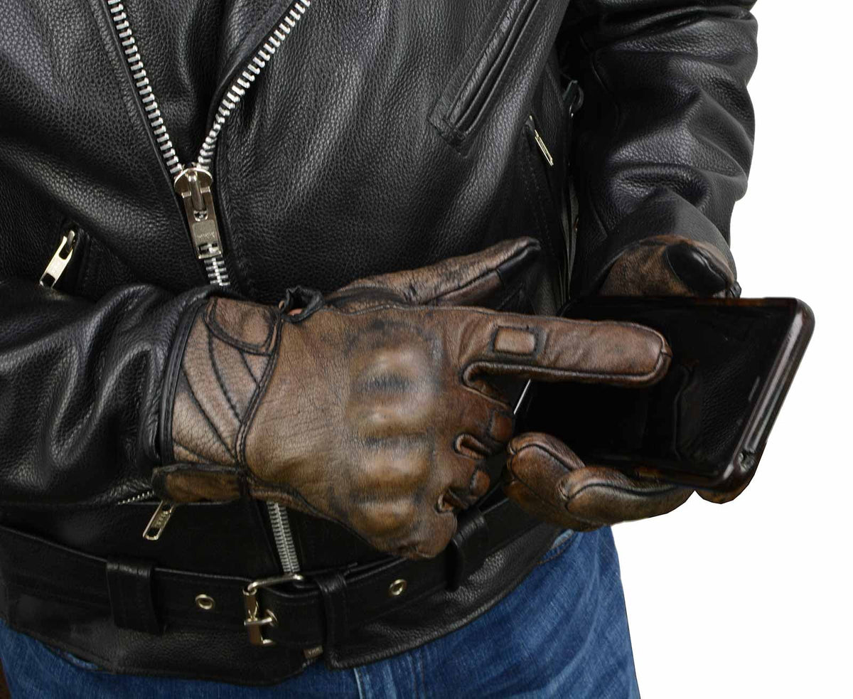 Brown Leather Motorcycle Gloves with Protective Knuckle X198