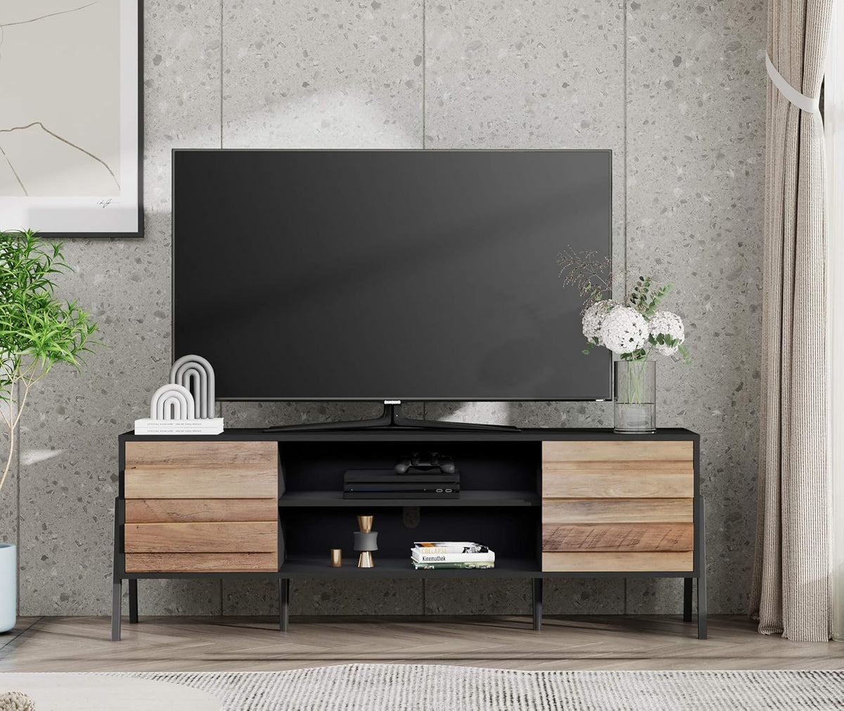 Mid-Century Modern TV Stand for TVs up to 65 Inch Wood TV Console Storage Cabinet with Shelf K25924
