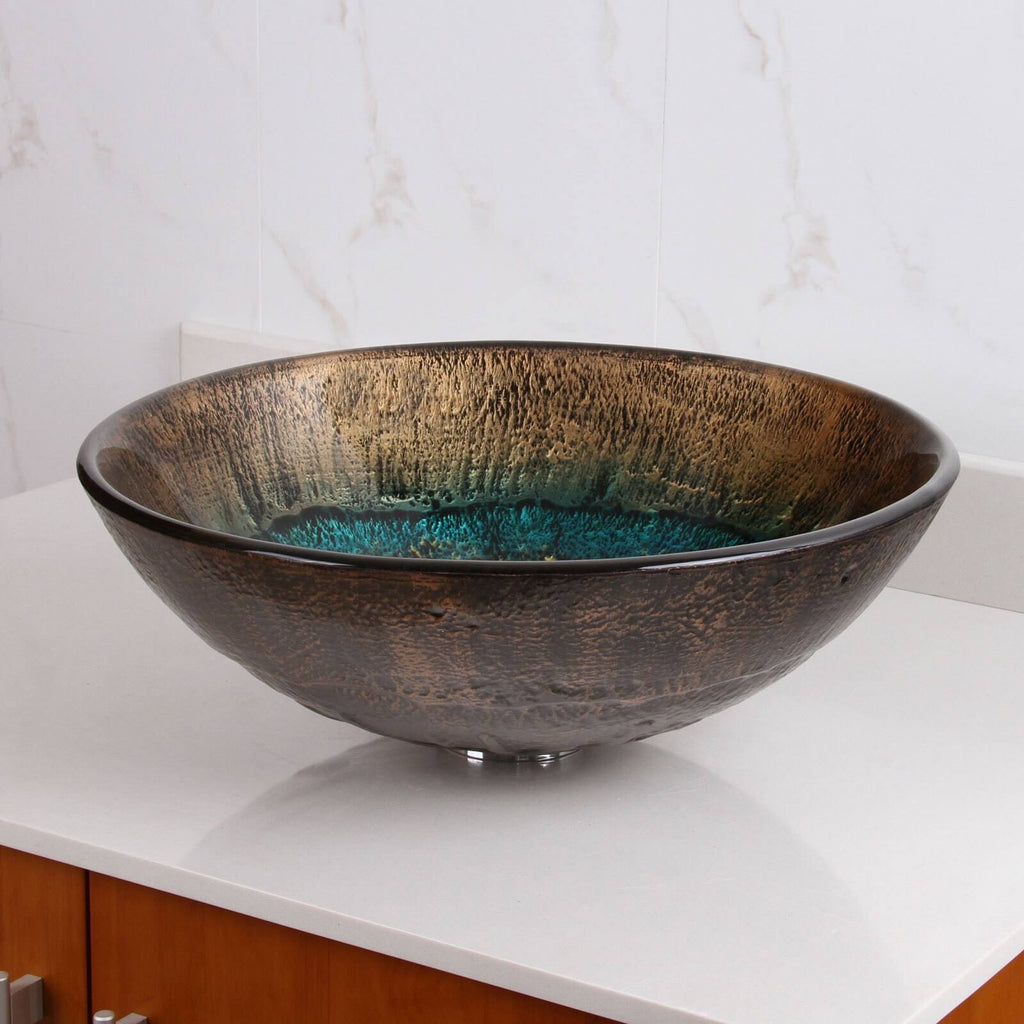 Volcanic Pattern Tempered Glass Bathroom Vessel Sink with Chrome Faucet Combo Y295