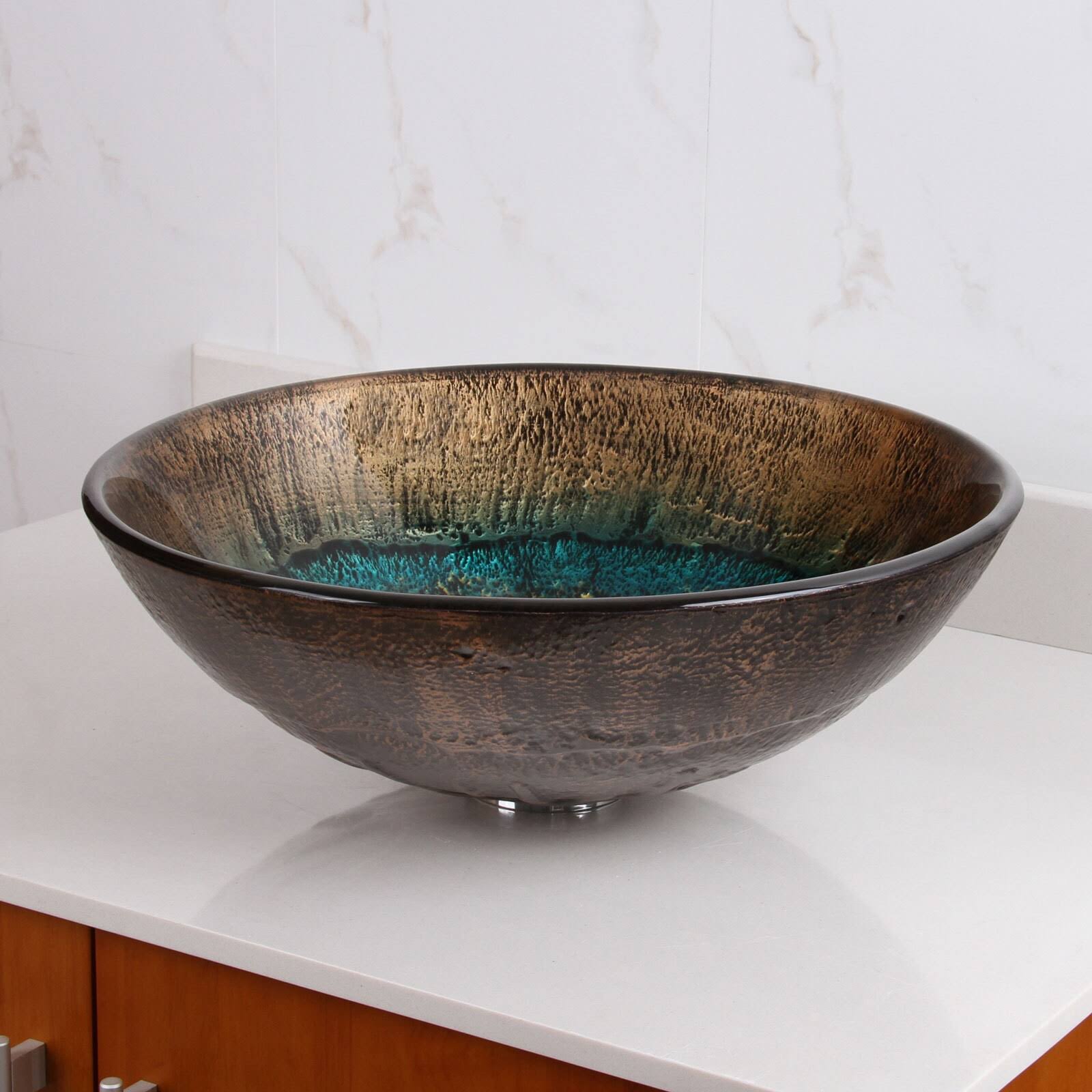 Volcanic Pattern Tempered Glass Bathroom Vessel Sink with Chrome Faucet Combo Y295