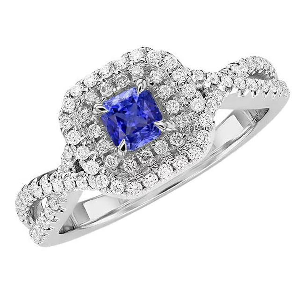 Blue Sapphire Halo Diamond Radiant Shape Ring W7418