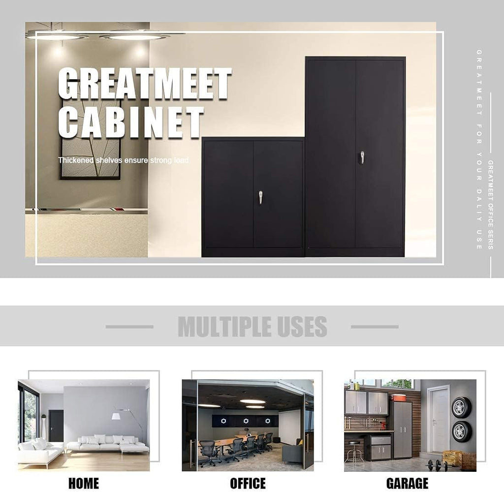 Black Metal Storage Cabinet with 4 Adjustable Shelves and 2 Locking Doors W597
