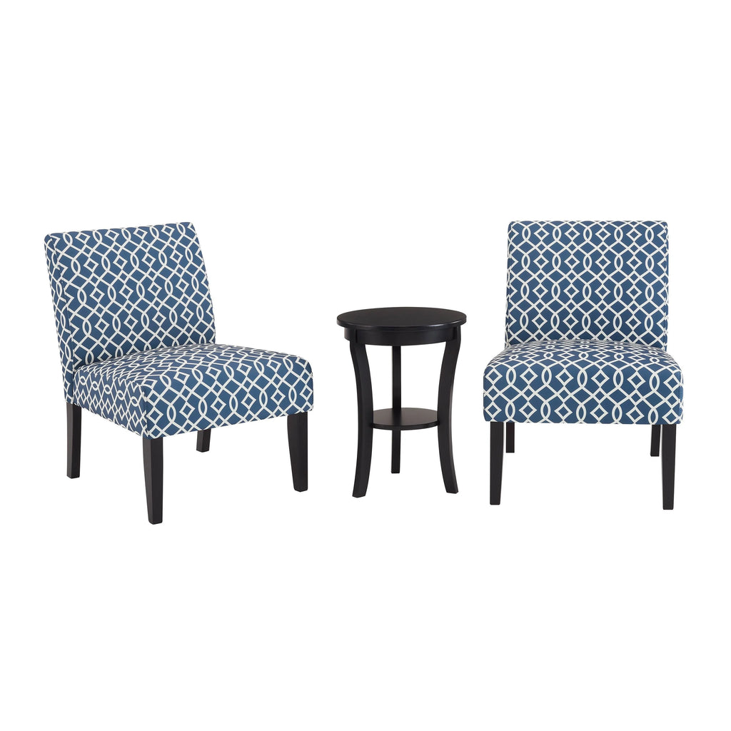 3pc Blue Fabric Upholstered Side Table and 2 Chairs U489
