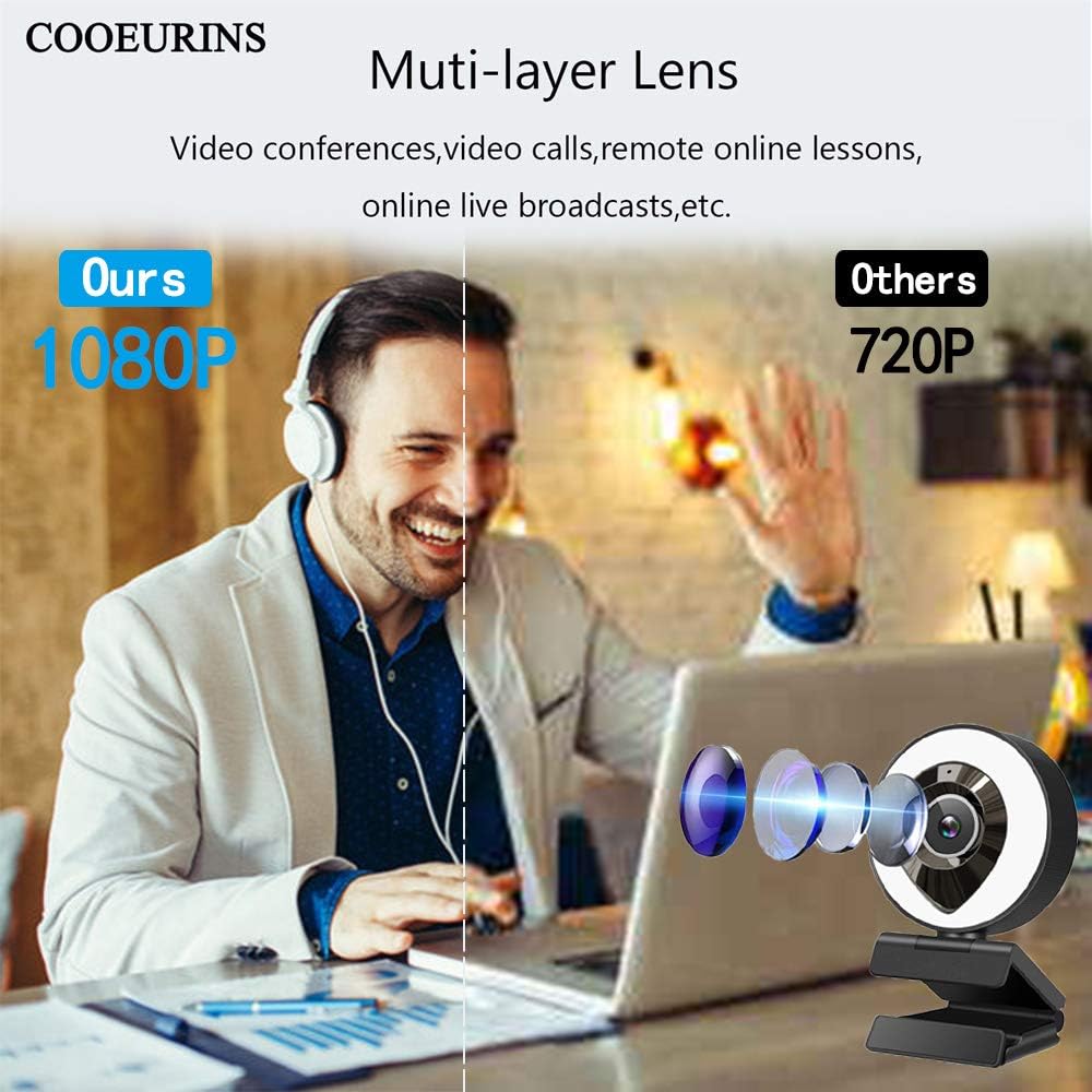 PC Webcam 1080P HD Computer Camera with Adjustable Ring Light & Microphone T27555