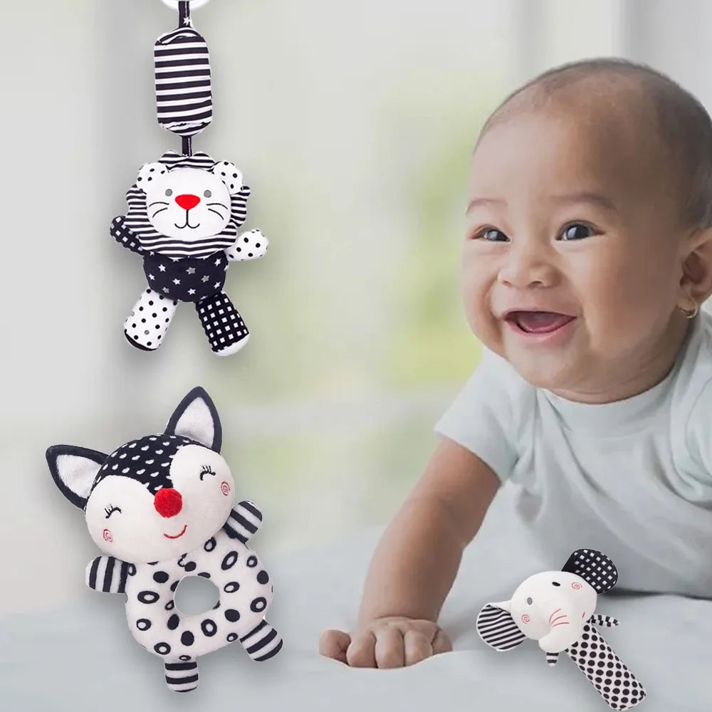 3PCS Black and White Baby Rattles Plush Stuffed Animal Rattle W917226