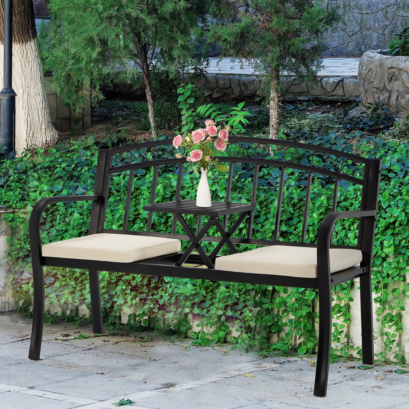 Black Steel Double Seat Patio Bench D363668