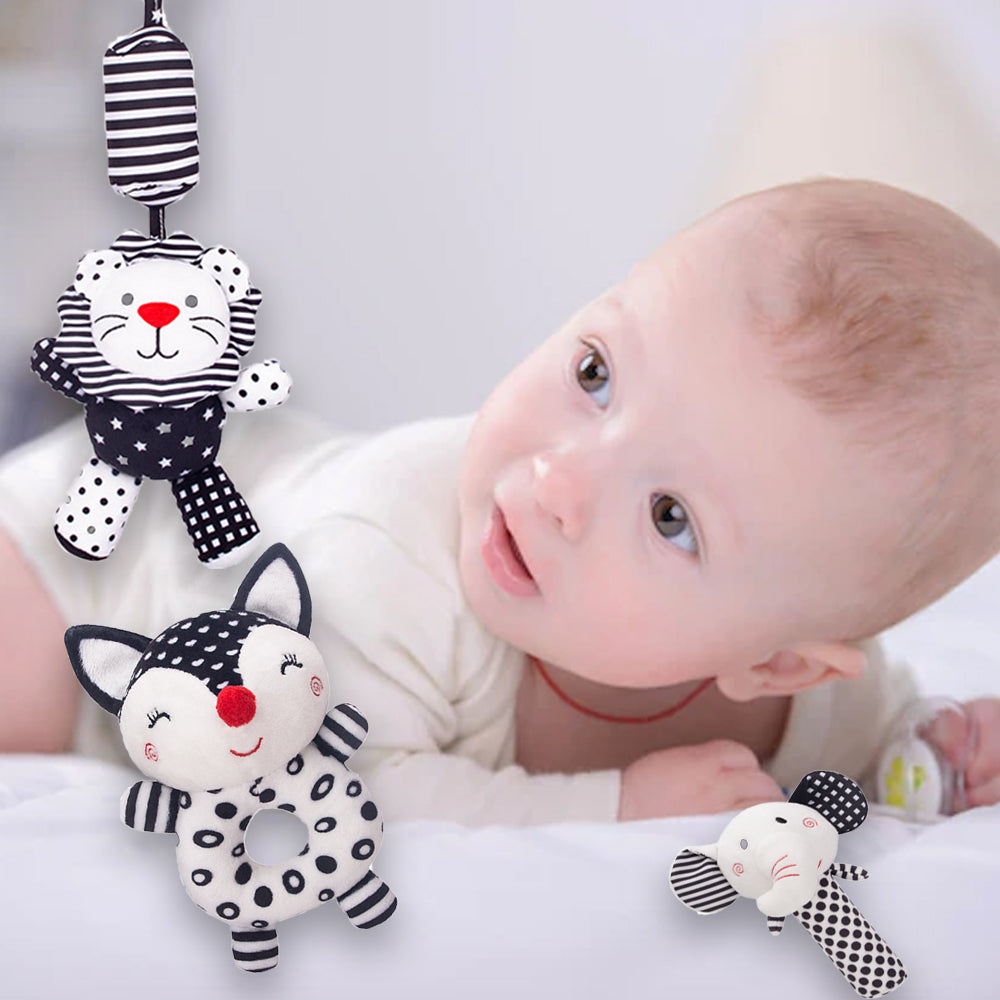 3PCS Black and White Baby Rattles Plush Stuffed Animal Rattle W917226